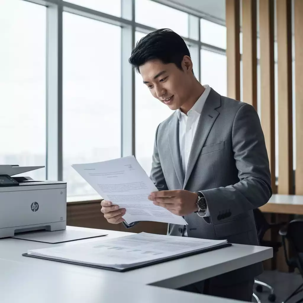 Business professional reviewing documents printed from an HP printer in a modern office