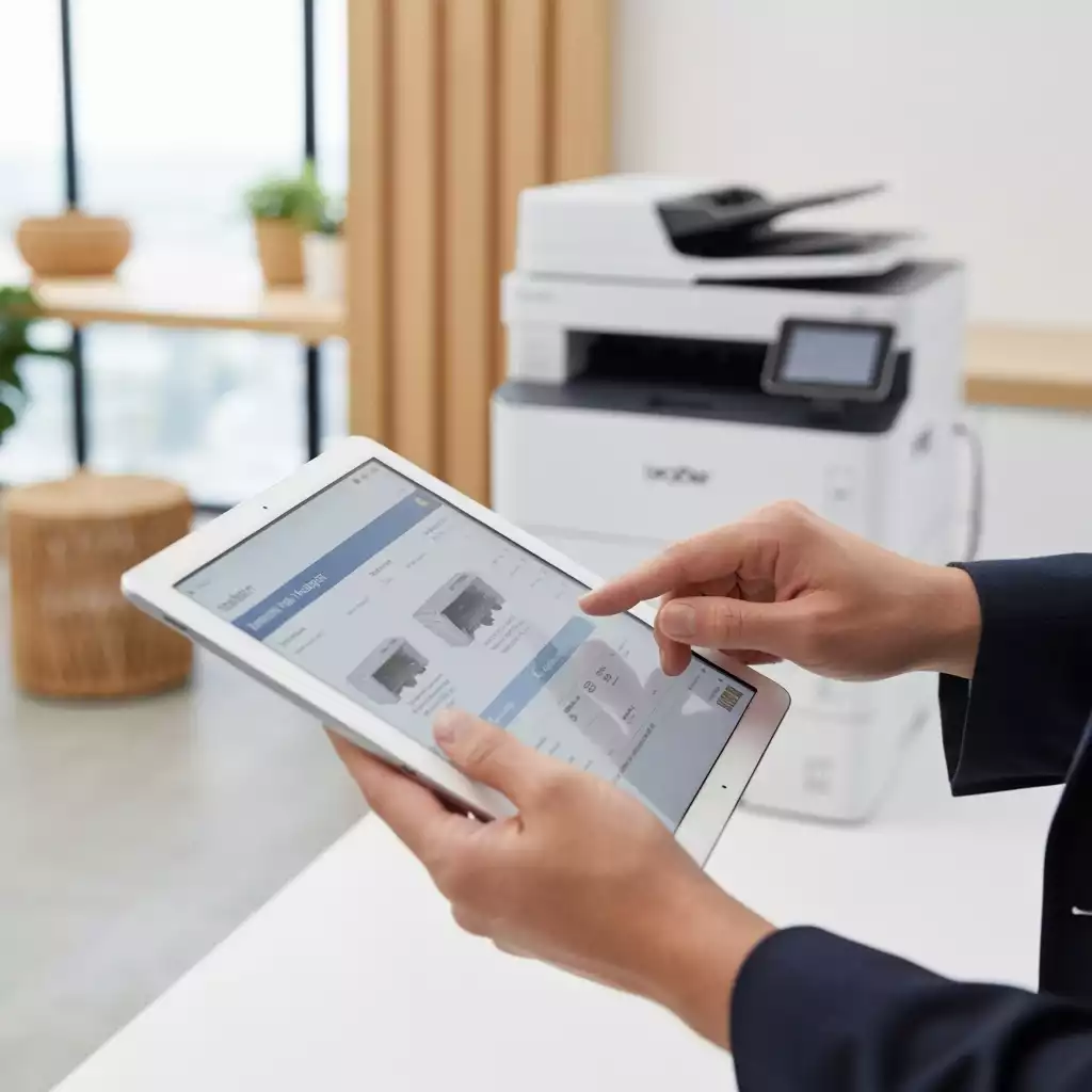 Business professional comparing Brother printer models on a tablet, with a printer in the background, no text, no words, no typography, clean image