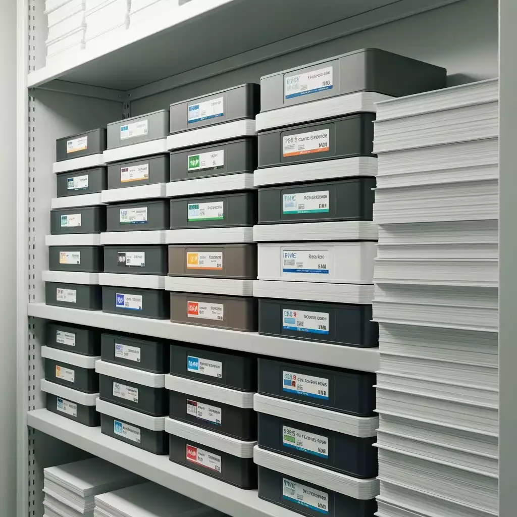 Stock of printer supplies including toner cartridges and paper