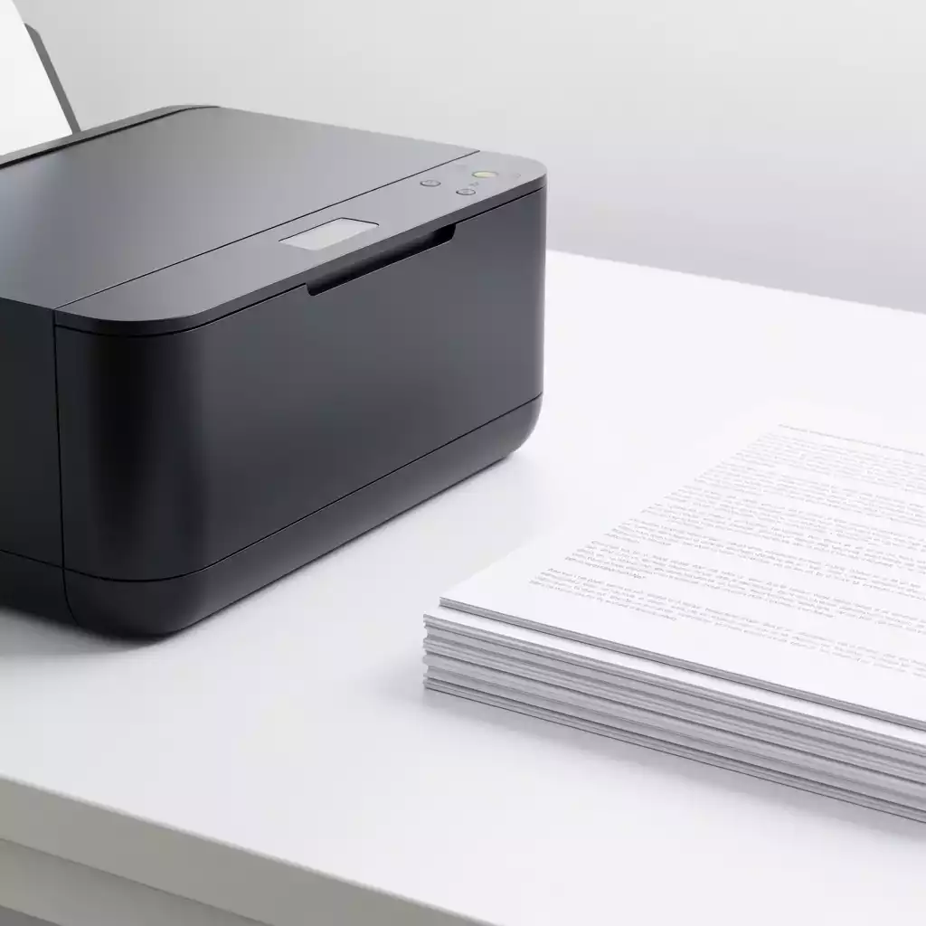 Modern home printer with a stack of printed documents next to it, on a clean desk