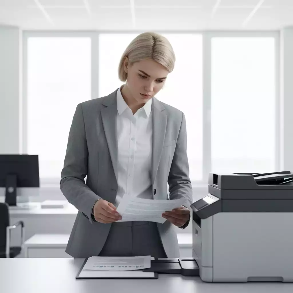 Modern office worker assessing business documents on a printer, no text, no words, no typography, clean image