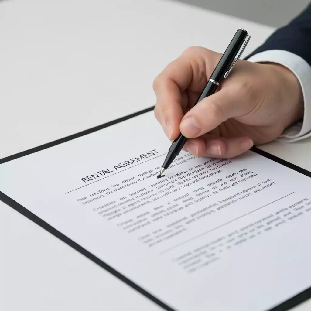 Close-up of a hand highlighting terms on a rental agreement document with a pen, clean desk, professional setting, no text, no words, no typography