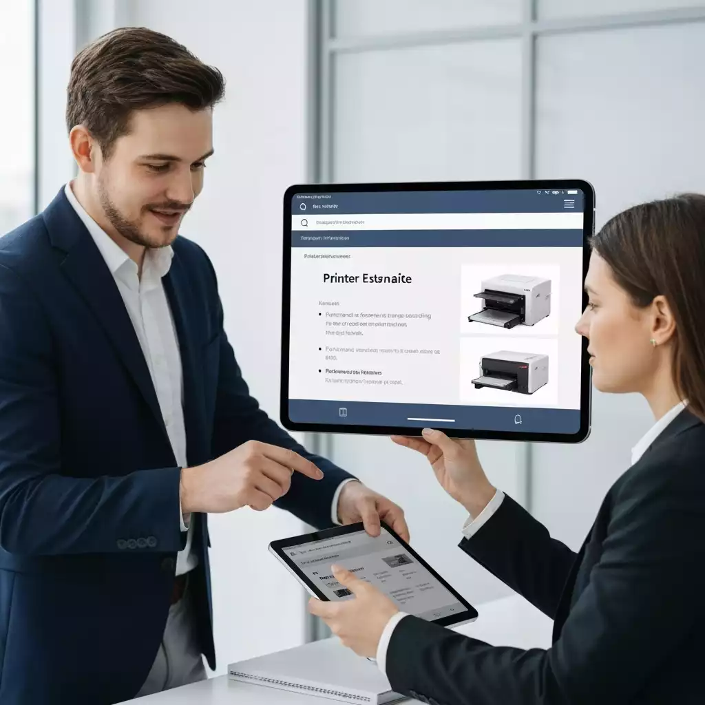 Two business people reviewing a printer repair estimate on a tablet