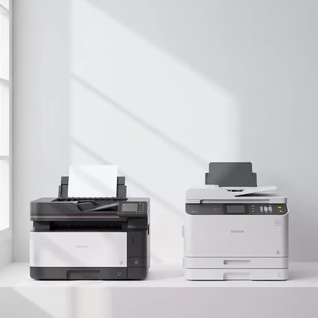Modern inkjet printer and laser printer side-by-side, clean white background, no text, no words, no typography, 8K