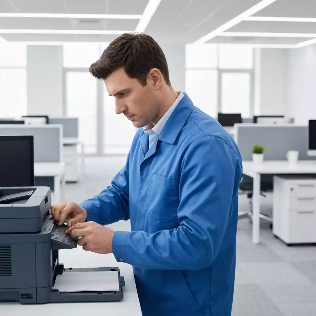 Professional technician repairing a printer in an office setting