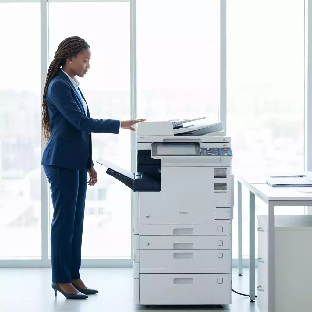 Modern office environment with a sleek copier in use, showing a business professional interacting with the machine, natural lighting, clean image
