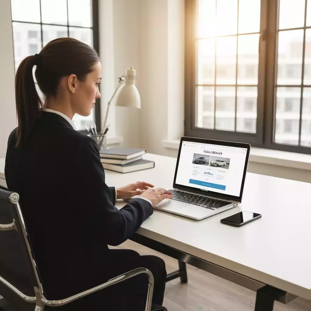 Business professional contacting a local dealer, clear desk, no text, no words, no typography, 8K