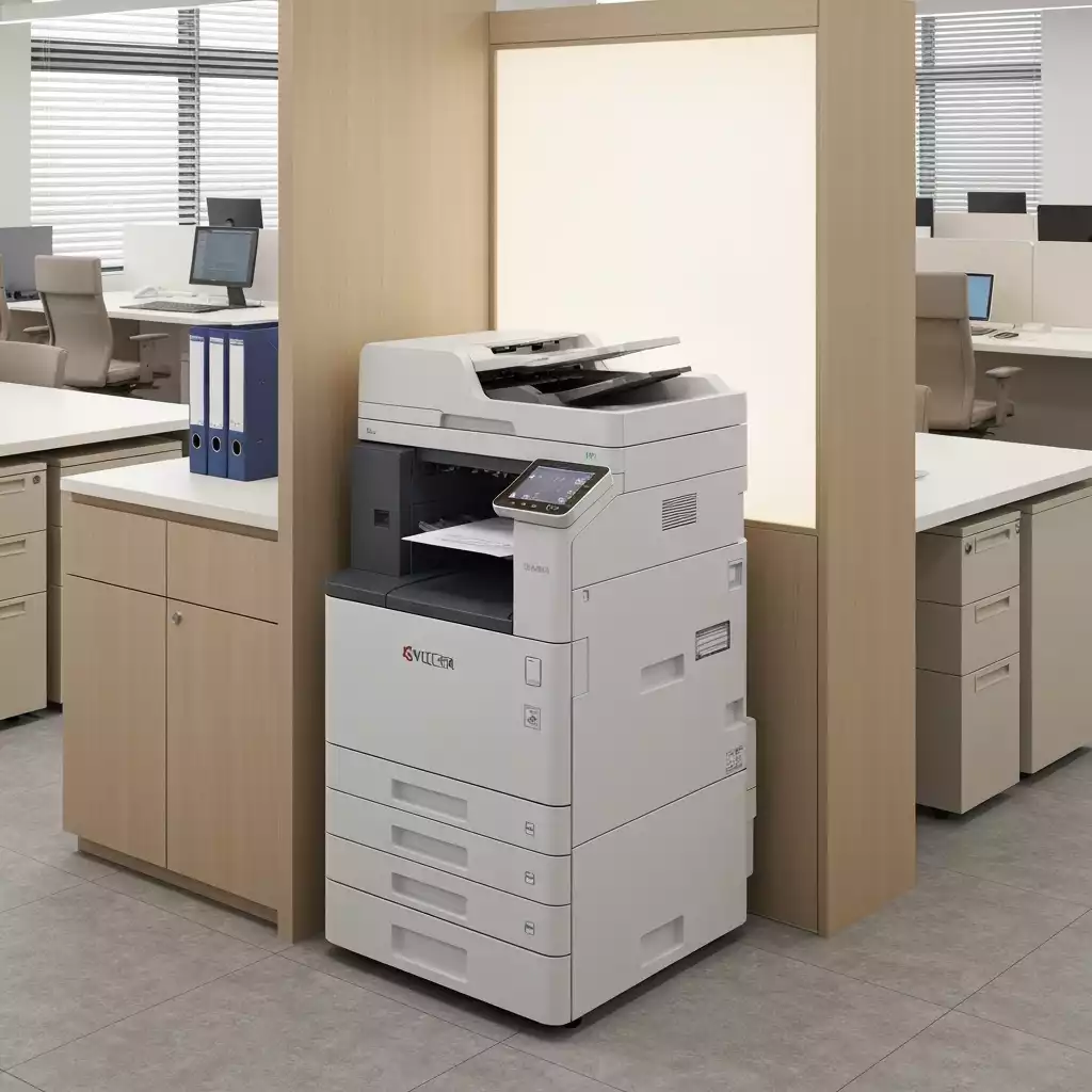 Modern Kyocera printer in a clean office environment, printing documents, no text, no words, no typography, 8K
