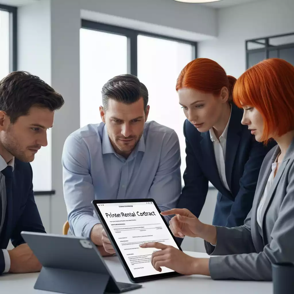 Business team reviewing printer rental contract details on a tablet