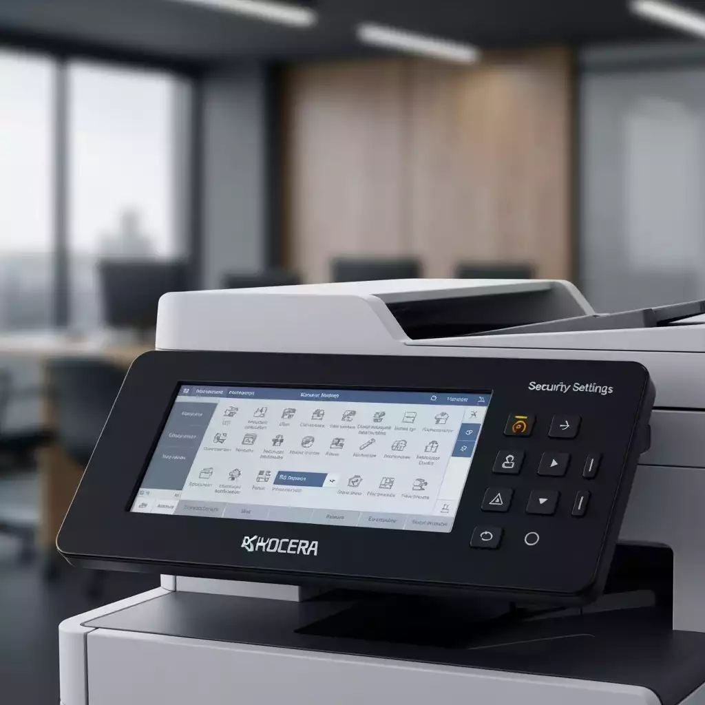 Close-up of a Kyocera printer control panel displaying security settings, with a blurred background of an office, no text, no words, no typography, 8K