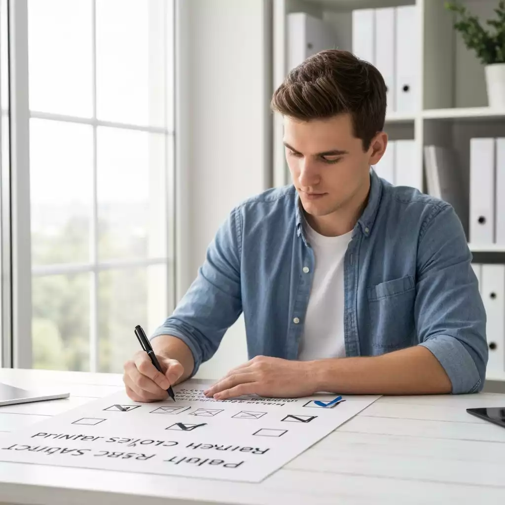 Person checking off items on a printer selection checklist, clean home office background, no text, no words, no typography, 8K