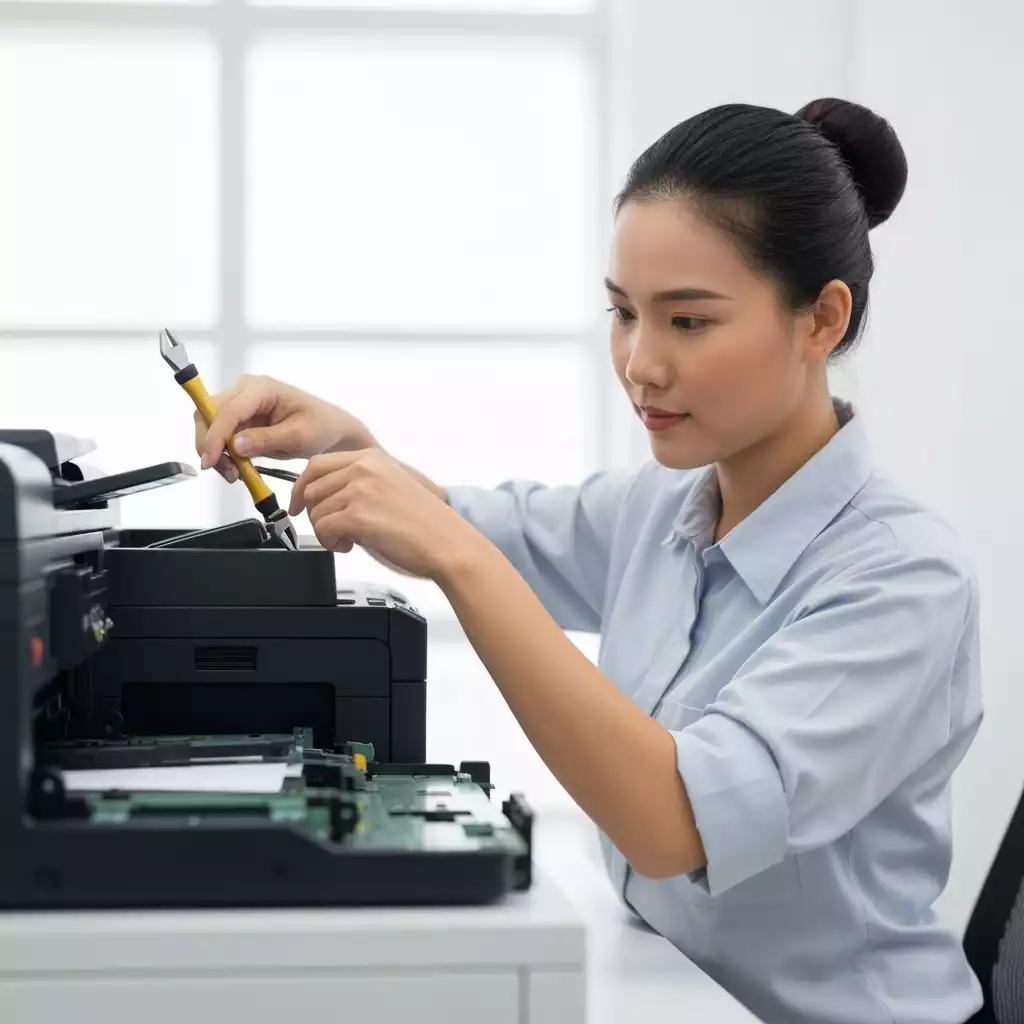 Technician performing maintenance on a business printer in an office setting, no text, no words, no typography, clean image