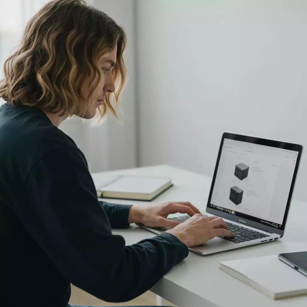 Person researching multifunction printers on a laptop