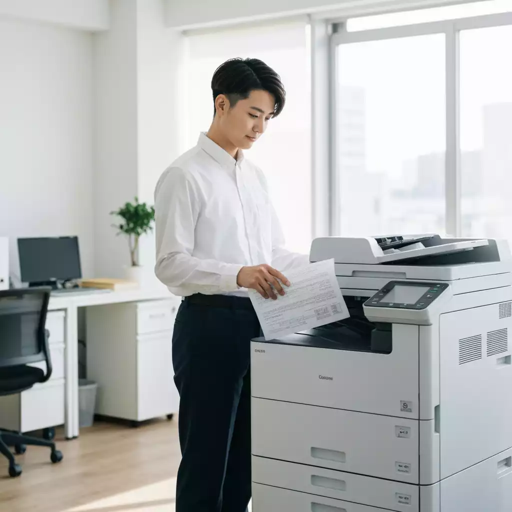 Modern office worker using a multi-function printer in a bright office environment