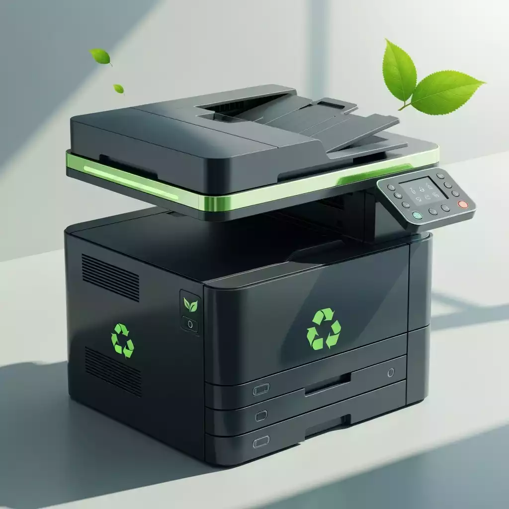 Modern professional office printer with green leaves and eco-friendly symbols, vibrant colors, no text, no words, no typography, 8K