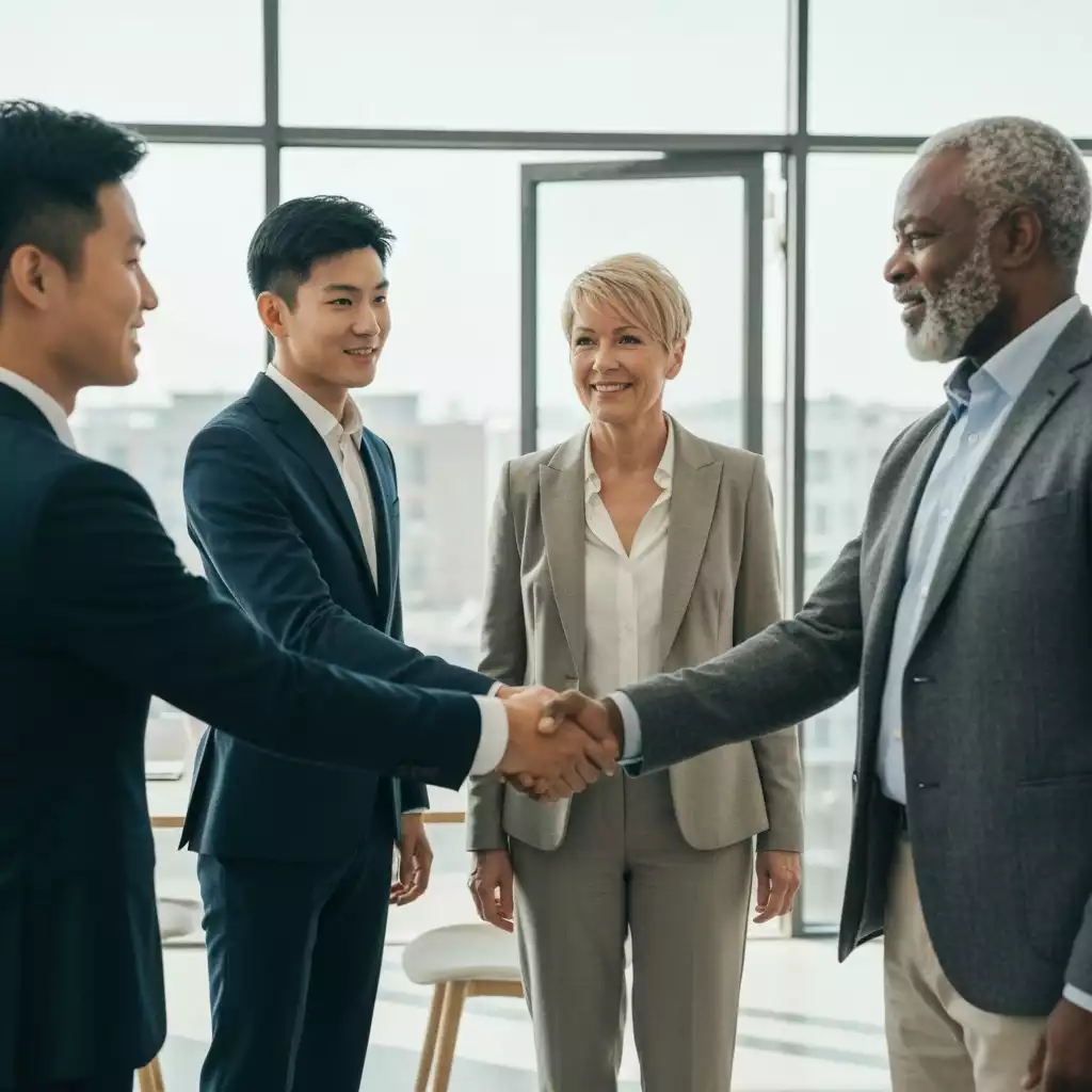 Diverse group of people shaking hands in a modern office, representing small business collaboration