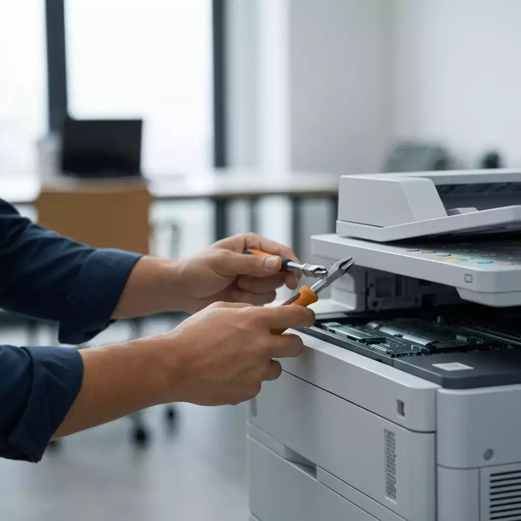 Technician repairing a modern office copier, focus on hands and tools with a blurred office background, no text, no words, no typography, clean image