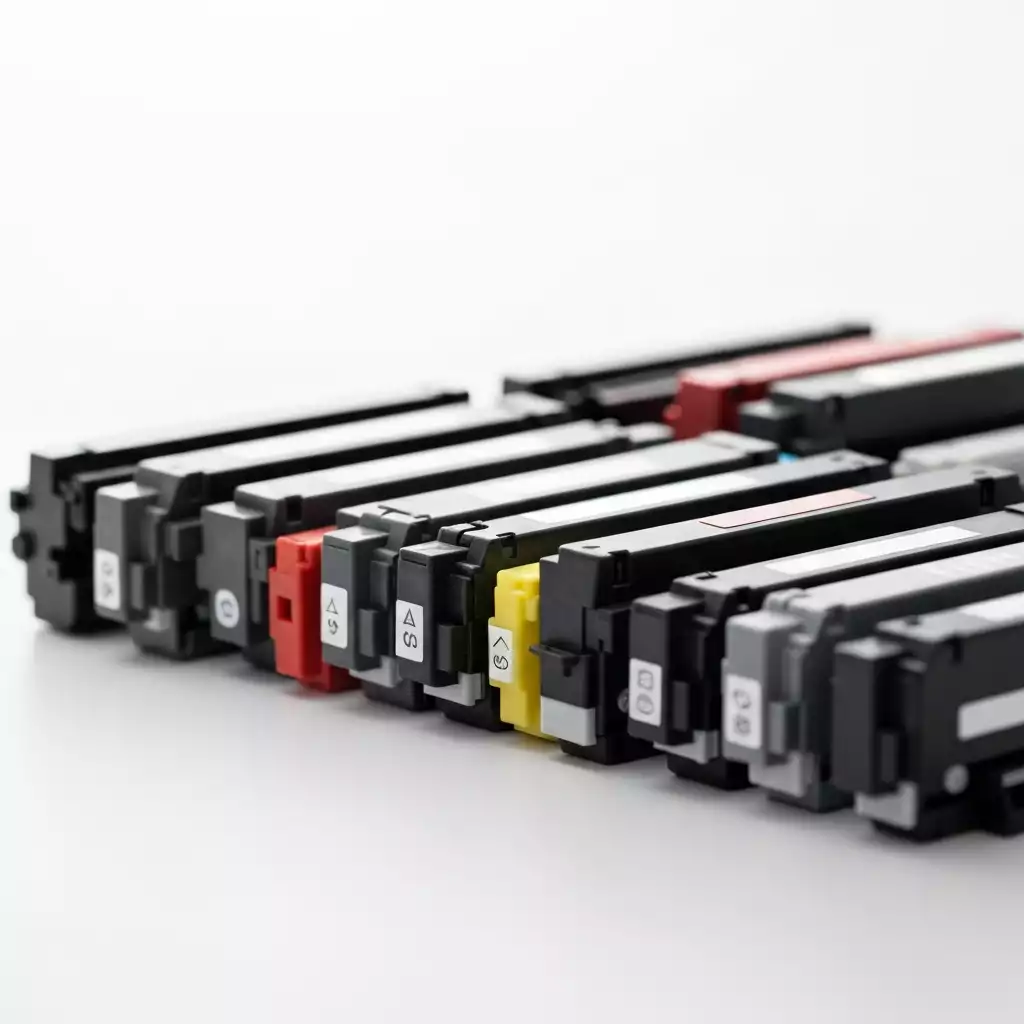 Close-up of various printer ink and toner cartridges arranged neatly, symbolizing choice and efficiency, clean image