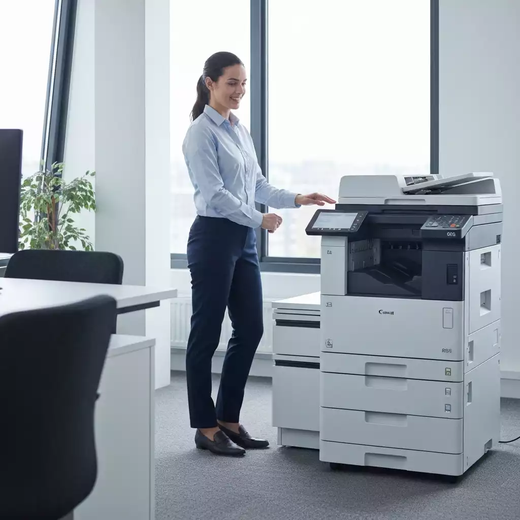 Modern office worker interacting with a multifunction printer, showing efficiency and streamlined workflows, no text, no words, no typography, clean image