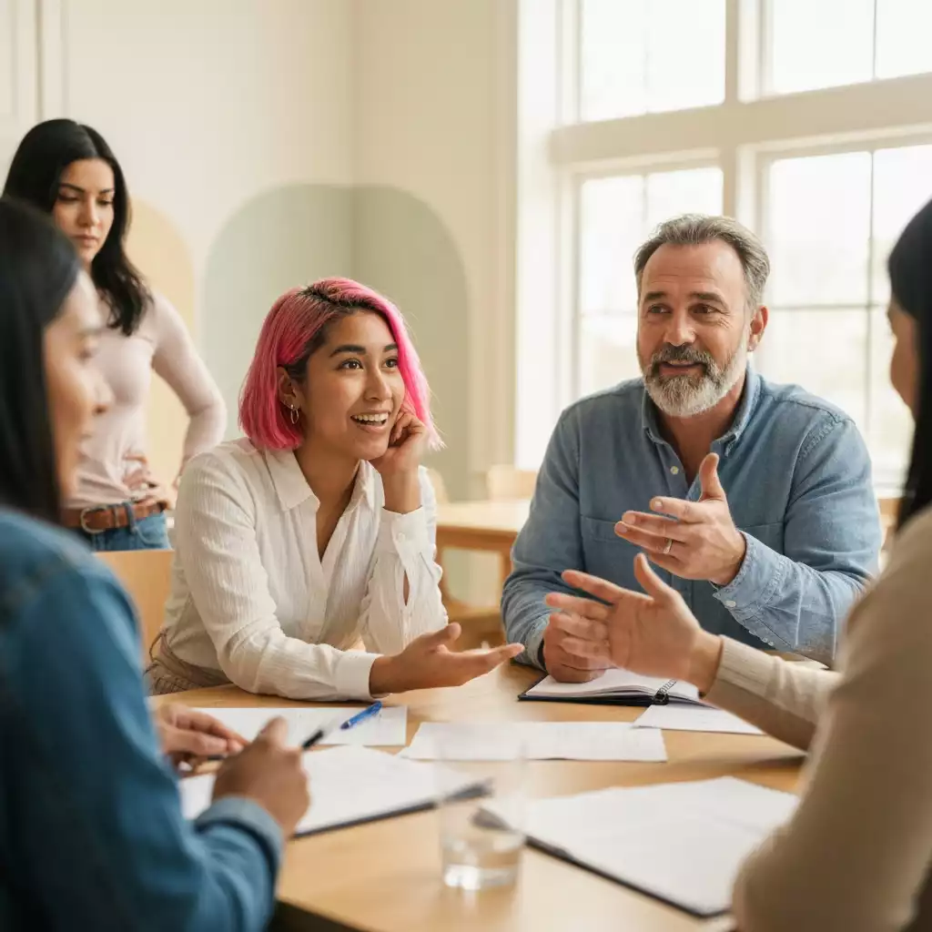 Diverse group of people engaging in a community meeting, actively listening and discussing, representing civic engagement