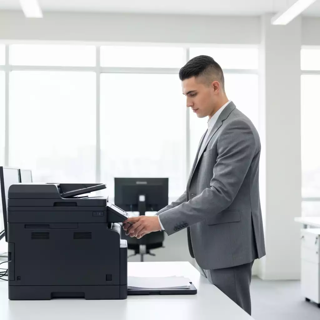 Modern office worker efficiently using a multifunction printer in a bright, clean office environment, no text, no words, no typography, 8K, natural lighting