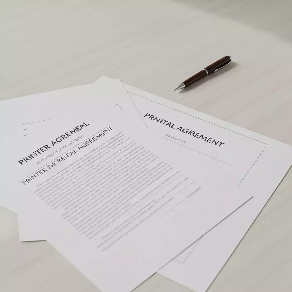 Documents and contract on a desk with a pen, signing a printer rental agreement