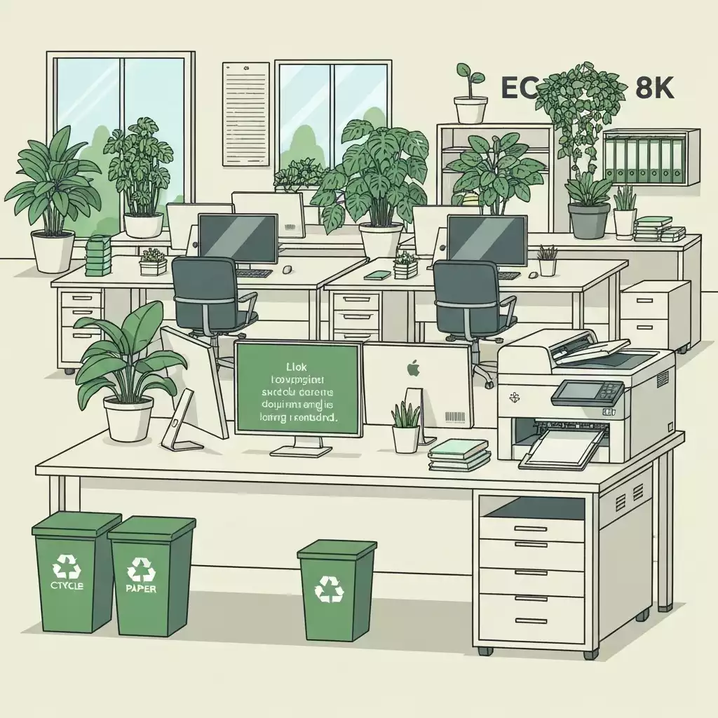 Eco-friendly office environment with recycled paper, energy-efficient printer, and green plants, promoting sustainable printing practices