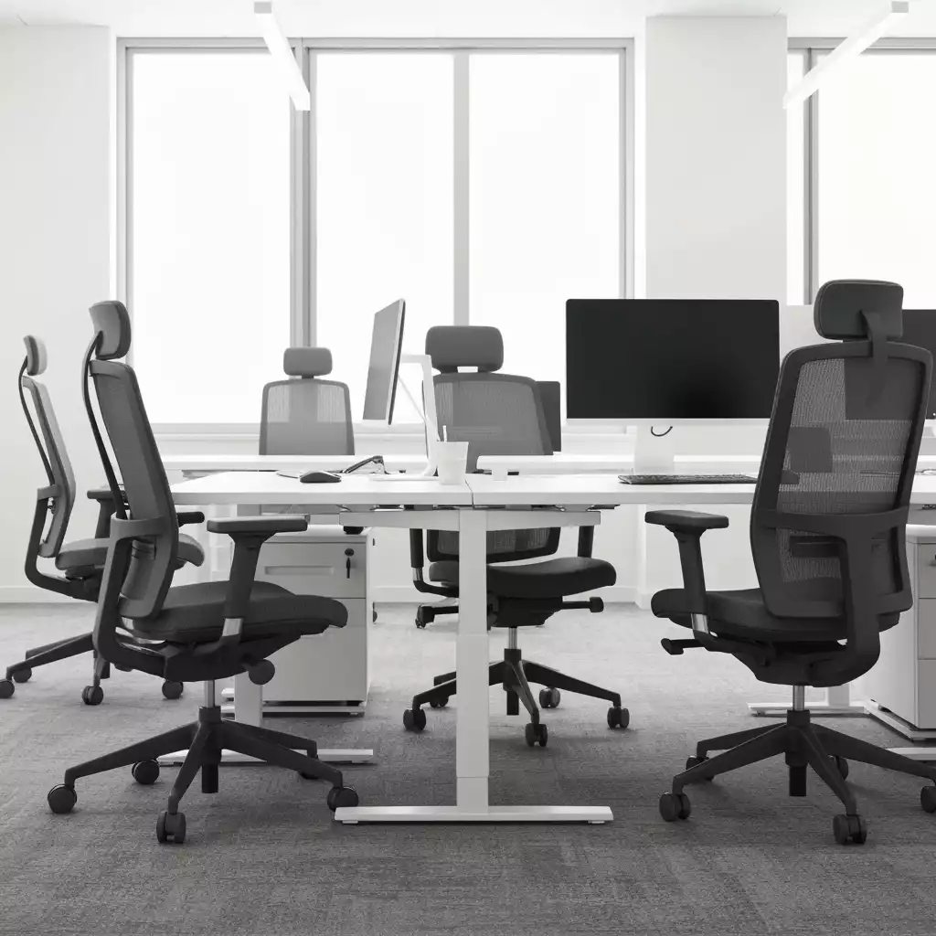 Modern office space with rented ergonomic chairs and desks, bright and clean, no text, no words, no typography