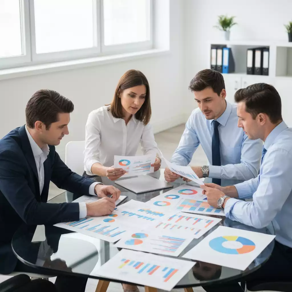 Business team collaborating around a table with documents and a laptop, discussing print strategy, bright modern office, no text, no words, no typography, 8K