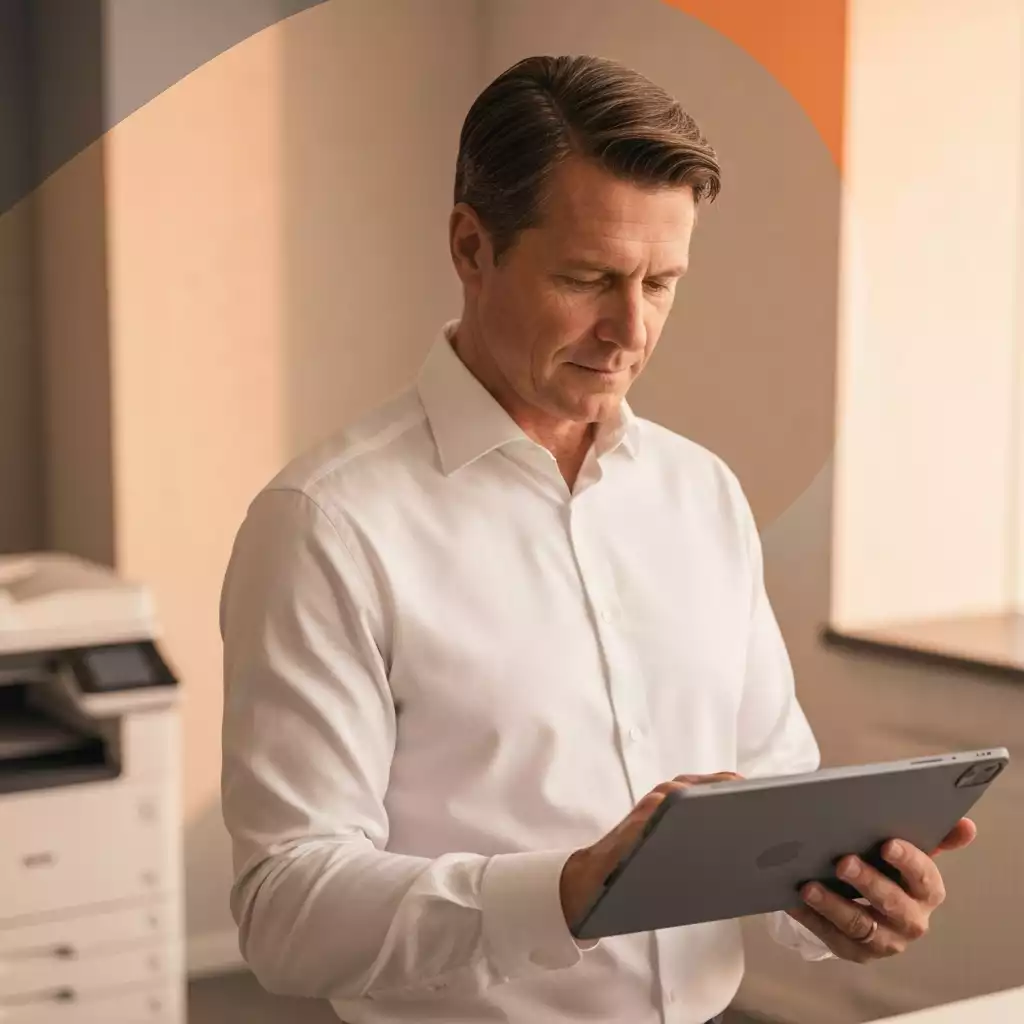 Business owner reviewing a managed print services report on a tablet, modern office setting