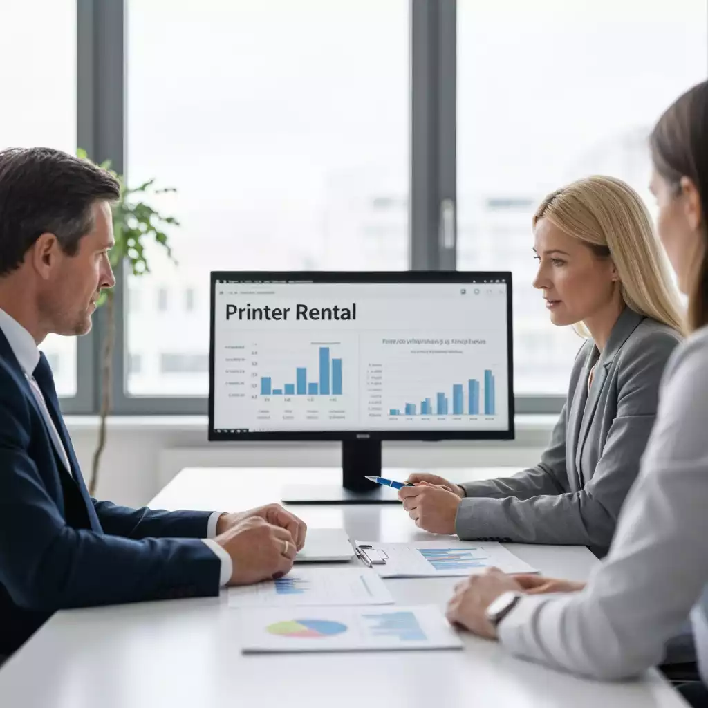 Business professionals discussing printer rental options during a meeting, no text, no words, no typography, 8K, clean image