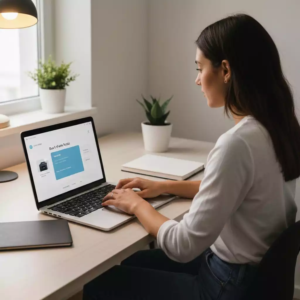 Person booking a printer repair service online using a laptop.