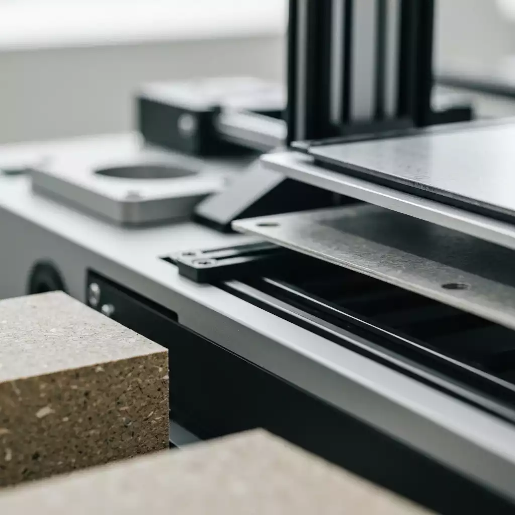 Close-up of eco-friendly printer parts and recycled materials, showcasing sustainable practices in a clean workshop