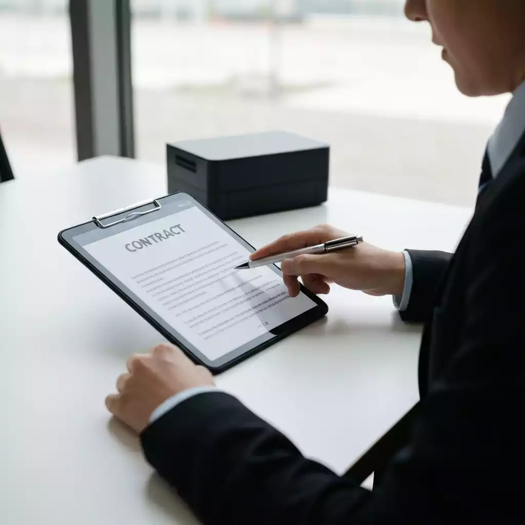 Business professional reviewing a contract for printer consumables, focusing on details and terms, clean image