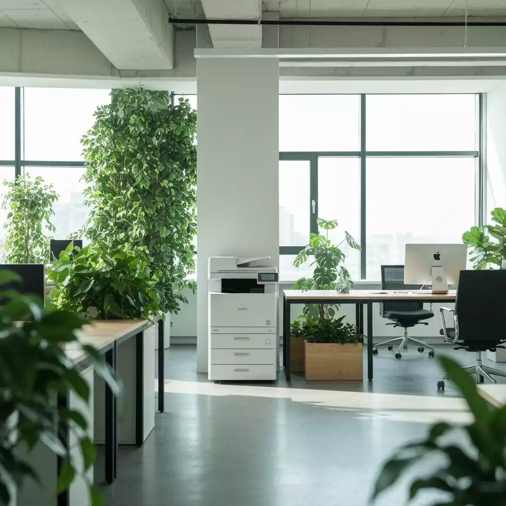 Eco-friendly printer in a modern office with green plants and natural light