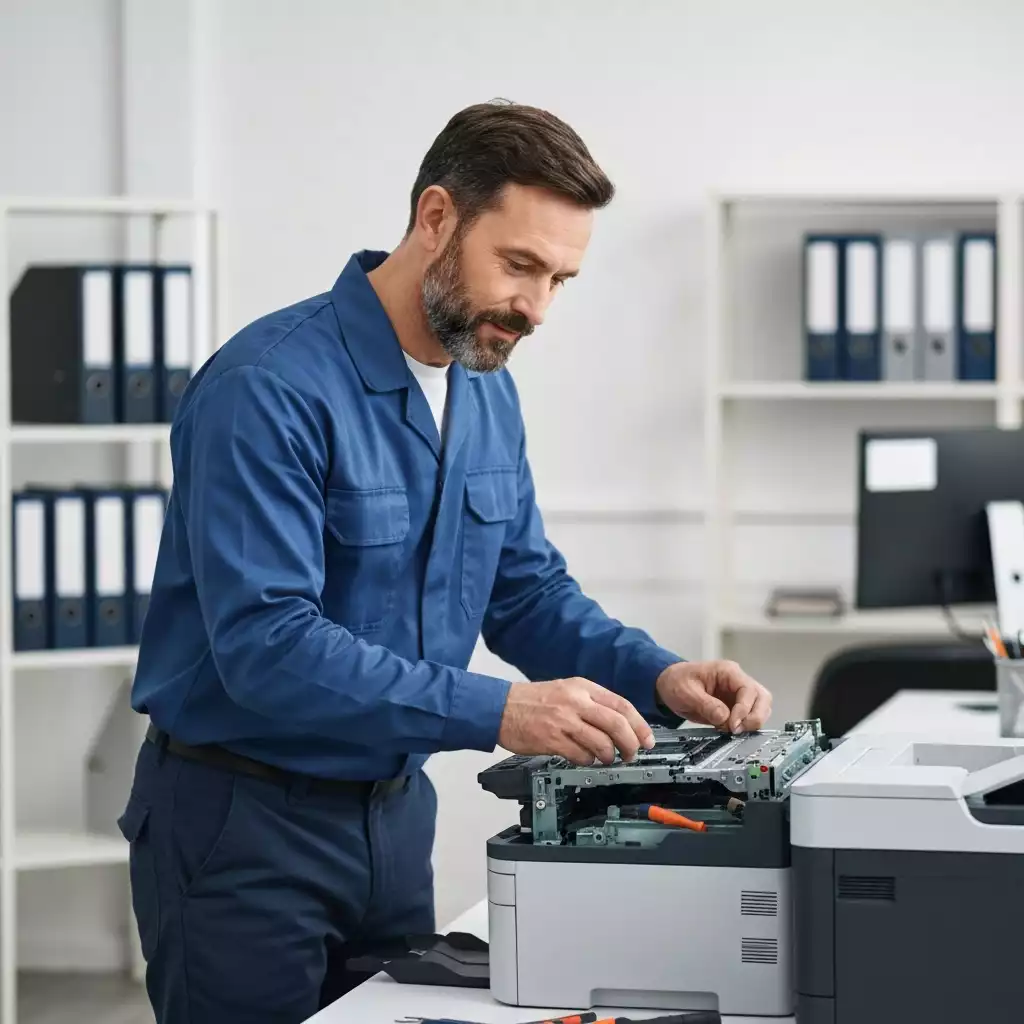 Professional technician repairing a printer on-site in an office environment.