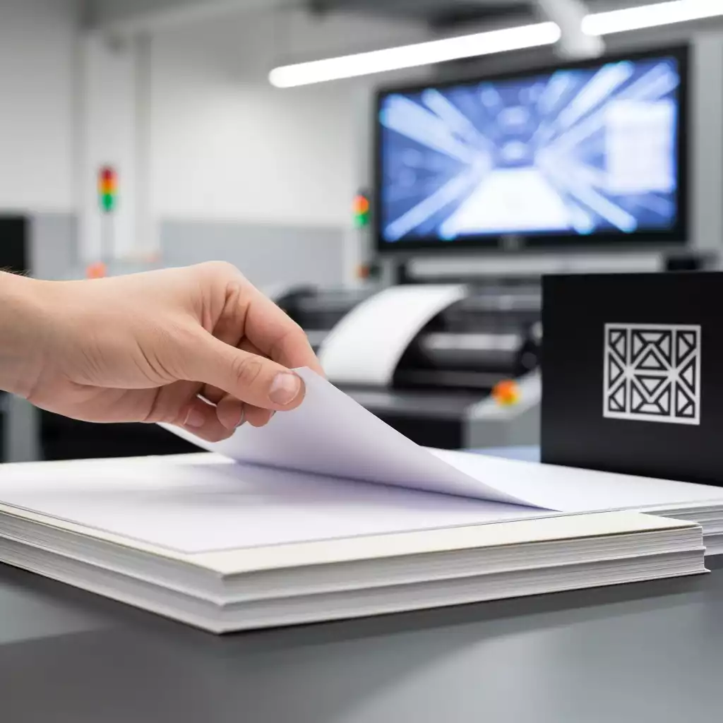 Close-up of a hand selecting paper from a stack, with a blurred background of printing equipment and an eco-friendly logo visible