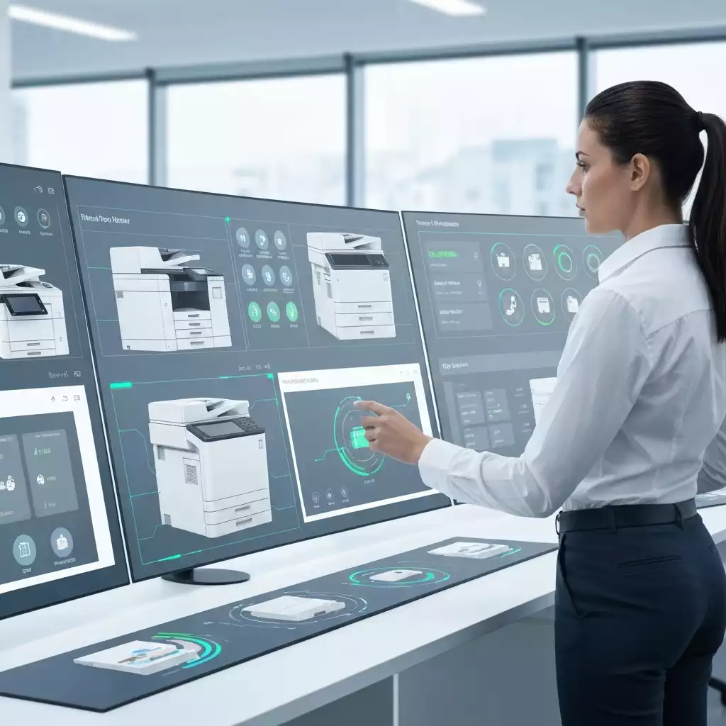 Modern office worker overseeing multiple printers and devices on a dashboard, showcasing efficient print fleet management