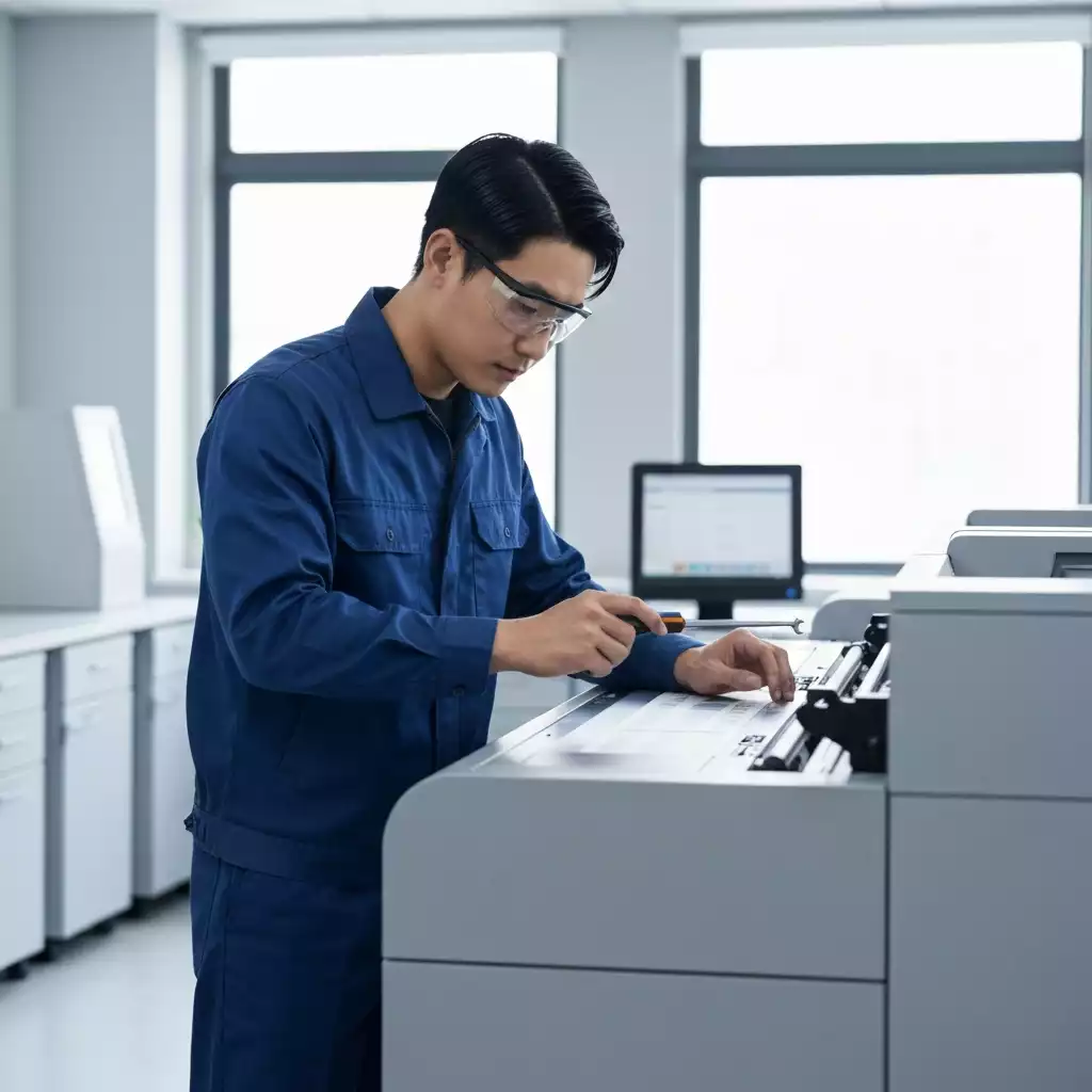 Technician inspecting a commercial printer, focusing on maintenance, clean image