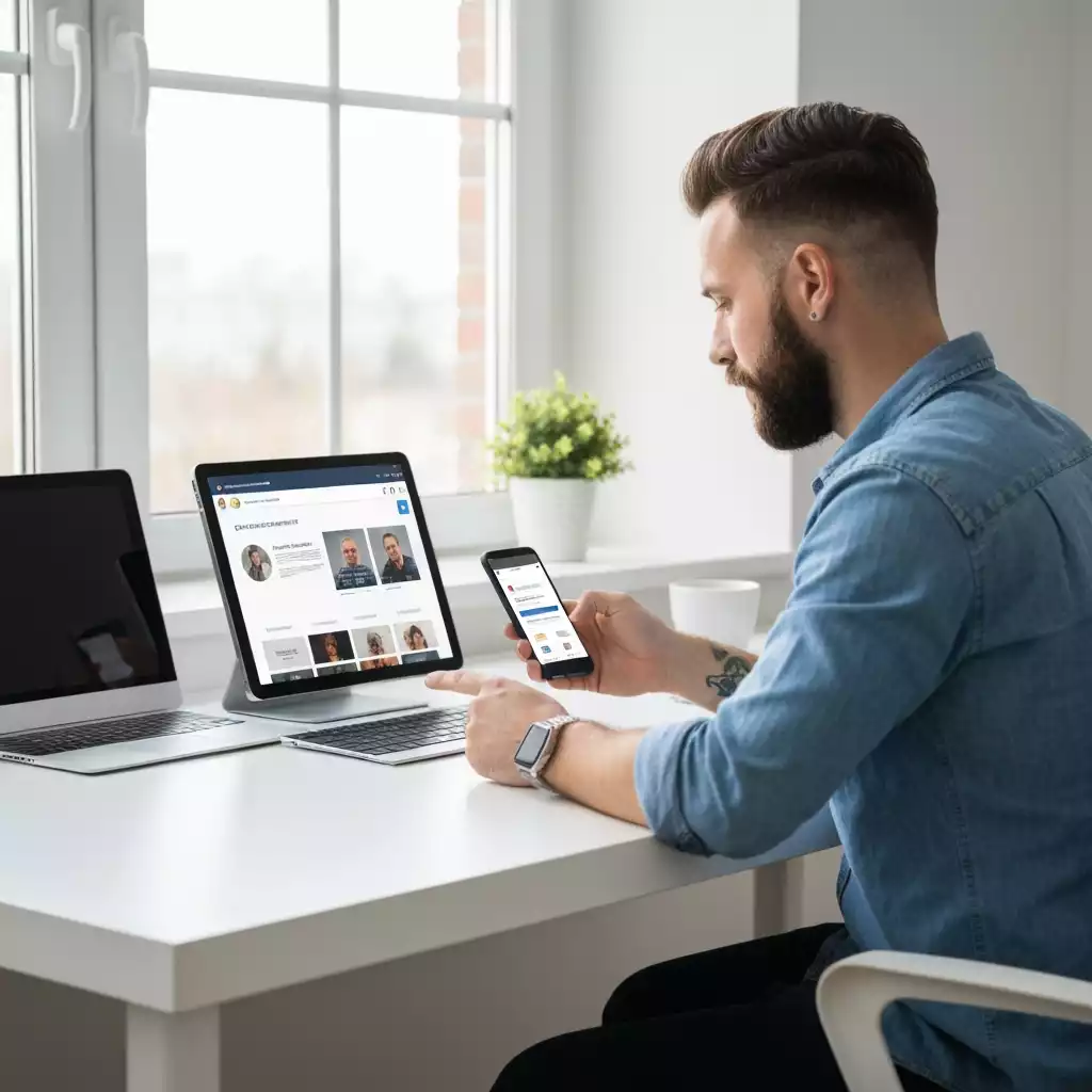 Person using a tablet and smartphone to access government websites and social media, representing digital civic engagement