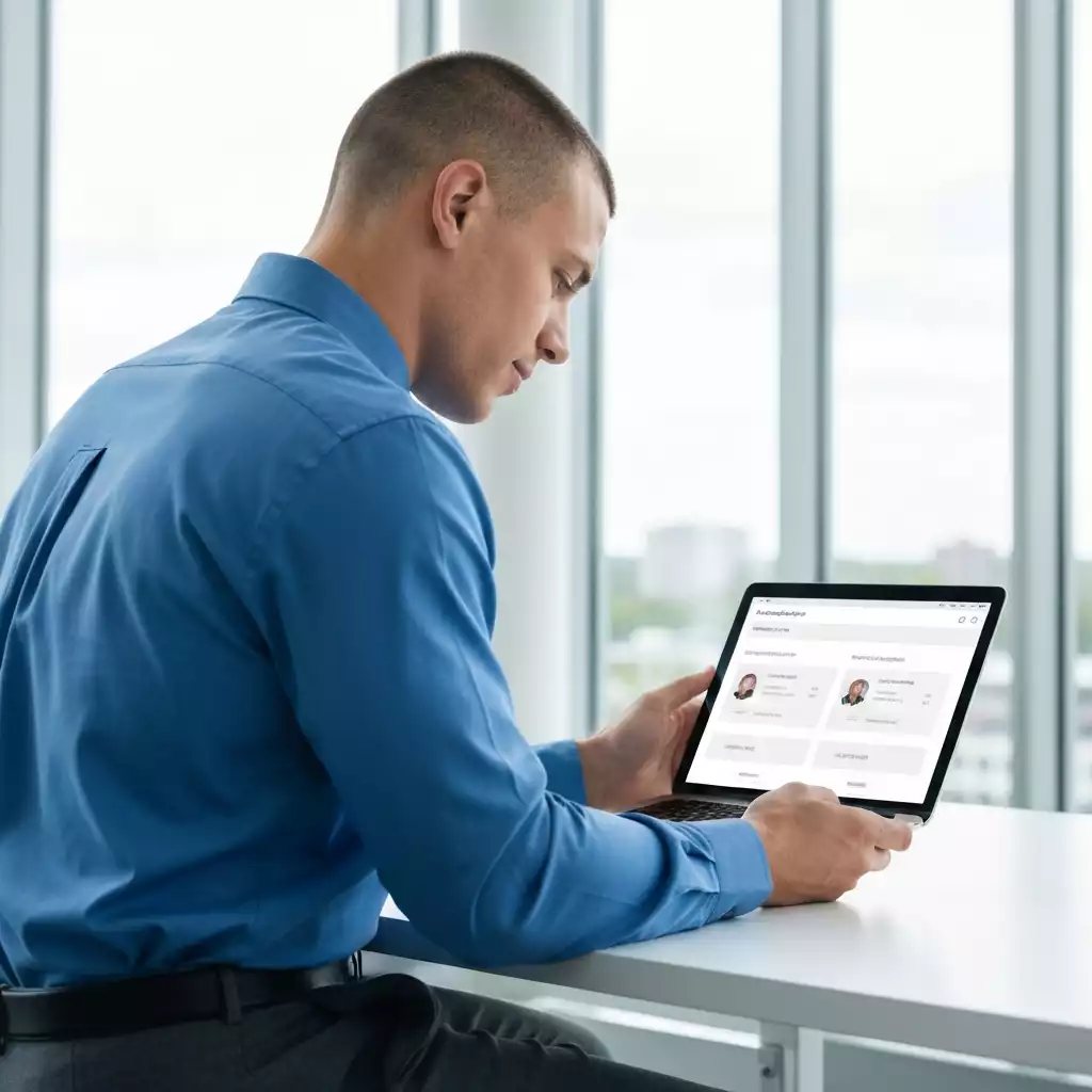 A person reviewing different service options on a tablet or laptop, with a focus on comparison and decision-making, in a modern office setting, no text, no words, no typography, clean image
