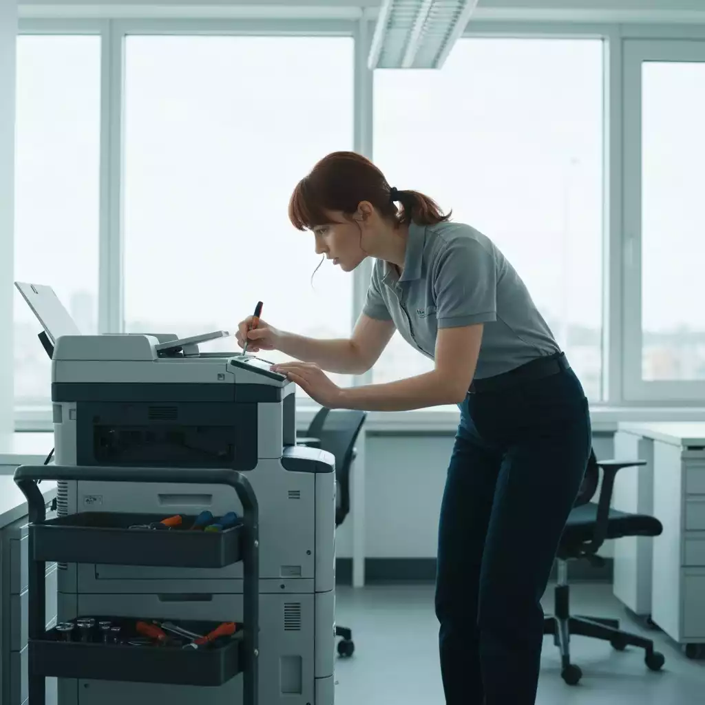 Technician repairing a printer in a modern office environment