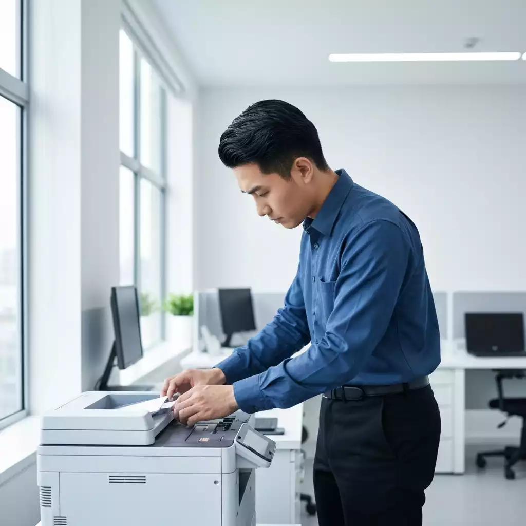 Professional technician diagnosing a printer issue in an office setting