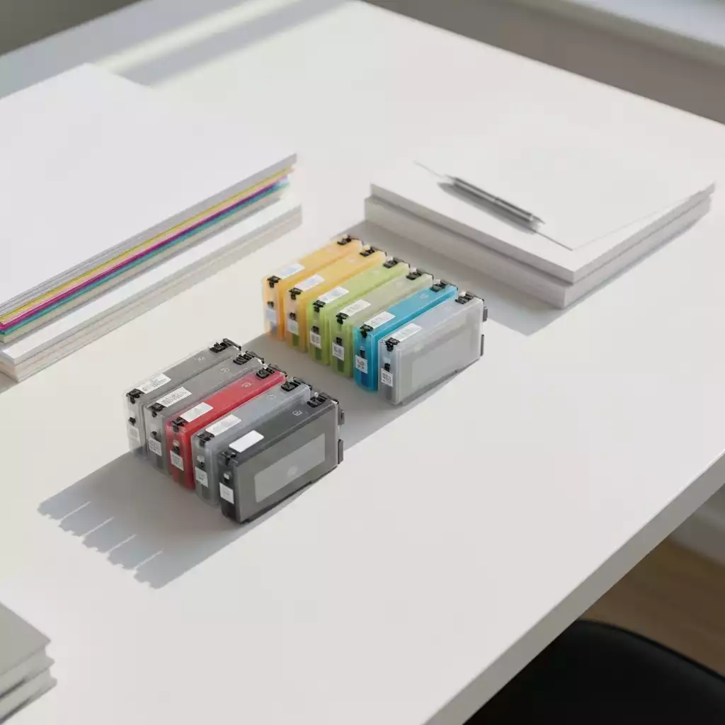 Close-up of printer cartridges and paper on a desk